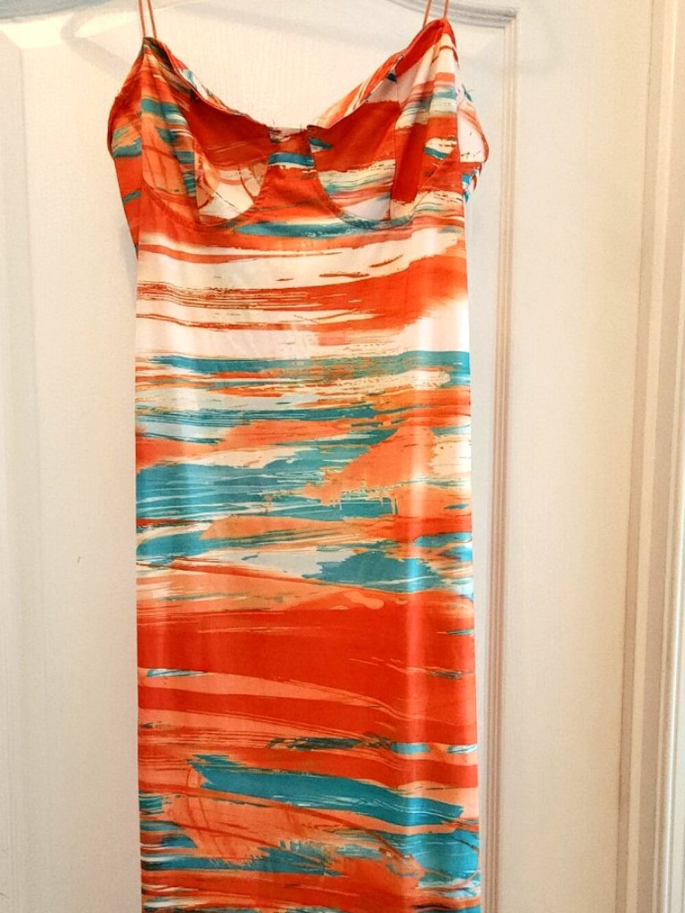 Plus Orange Abstract Print Crinkle Rib Cup Detail Midi Dress